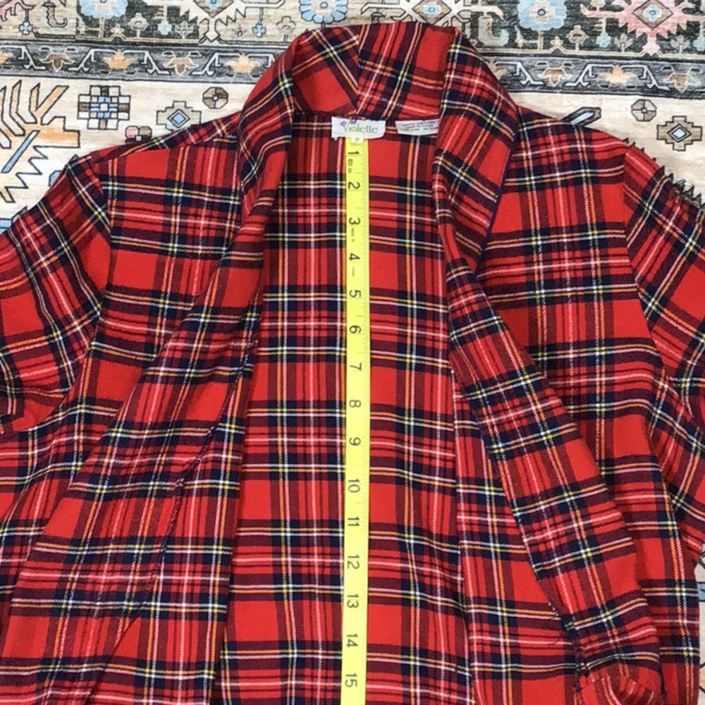 Vintage Red Plaid Tartan Blue Piping Self Tie Belt Front Pocket Flannel Maxi - Picture 10 of 15